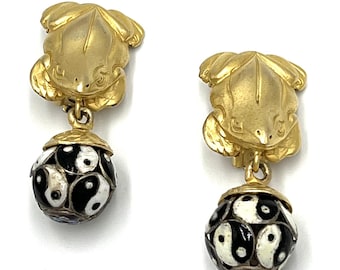 Glenn Miller Anne Turk Tree Frog Yin-Yang Cloisonné Earrings