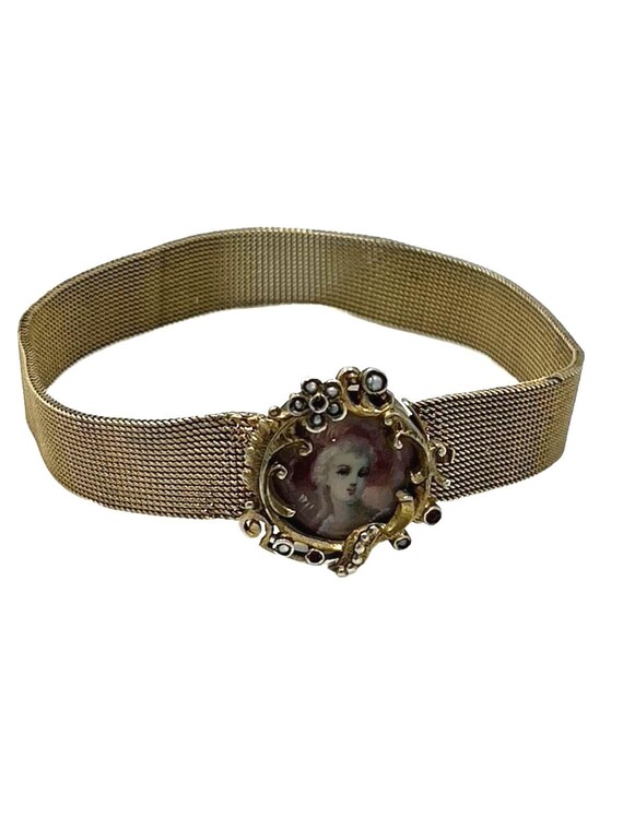 Gold Over Sterling Silver Painted Cameo Victorian Bracelet