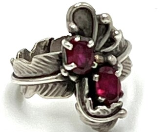 Rubies Set in Sterling Silver Native Floral & Feather Ring