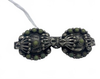 Native Mexico Sterling Silver & Turquoise Cabuchon Ornate Brooch