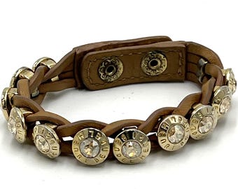 Henri Bendel Goldtone Rhinestone Leather Braid Snap Bracelet