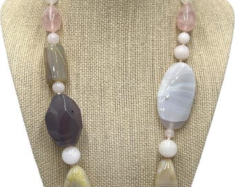 Chalcedony, Rose Quartz & Agate Beaded Strand Necklace
