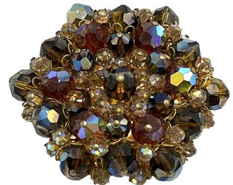 Vintage Unsigned Goldtone Aurora Borealis Heavy Round Brooch