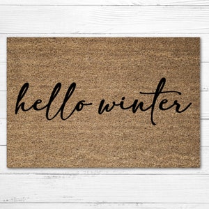 Hello Winter Doormat Rug, Winter Door Mat, Personalized Doormat, Welcome Mat, Christmas Mat, Housewarming Gift, Wedding Gift, Porch Decor