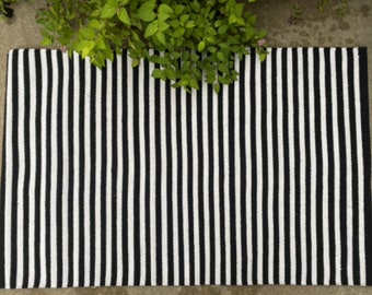 Black & White Striped Woven Cotton Layering Rug, 24x36 Inches, Fits Under 18x30 Doormat, Under mat, Woven