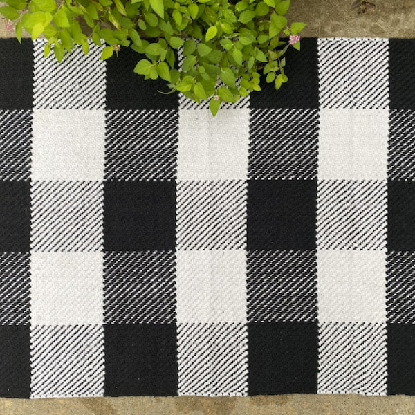 ADD-ON w/ PURCHASE Black & White Buffalo Check Woven Cotton Layering Rug, 24x36 Inches, Fits Under 18x30 Doormat, Under Mat, Layering Rug