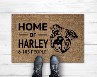 Bulldog & His People Dog Doormat Rug, Funny Doormat, Custom Door Mat, Personalized Doormat, Housewarming Gift, Dog Doormat, Bulldog Door Mat