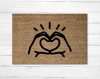 Heart Hands Emoji Doormat Rug,  Welcome Doormat, Custom Door Mat, Personalized Doormat, Housewarming Gift, Love Door Mat, Heart Doormat