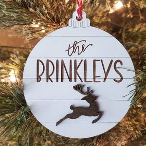 Custom name Christmas Ornament / White Farmhouse tree decoration / personalized Reindeer ornament