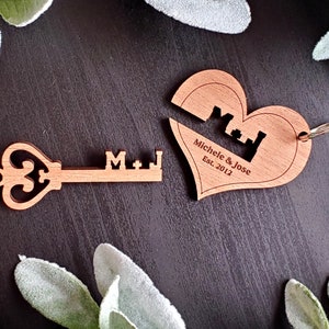 Custom Couple Keychain Set, Heart and Key keychain, Personalized Anniversary keychains