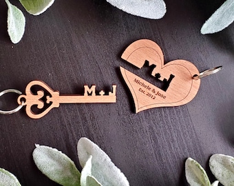 Aangepaste paar sleutelhanger set, hart en sleutelhanger, gepersonaliseerde verjaardag sleutelhangers