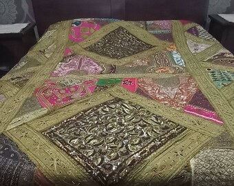 vintage fabric, embroidery bedspread, patchwork bedspread, kingsize antique  satin quilts, handmade satin bedspread, antique bedspread,