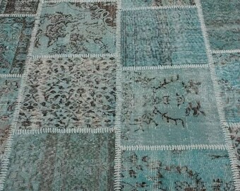 5x7 turquoise patchwork rug, patchwork rug, overdyed rug, boho rug, turkish rug, muted rug, ethnic rug, outhentic rug, distressed rug, blue