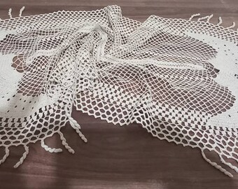 antique crochet lace tablecloth, knitted vintage crochet handcraft, crochet with fine, lace home decorating 19,68"x53,14" inch