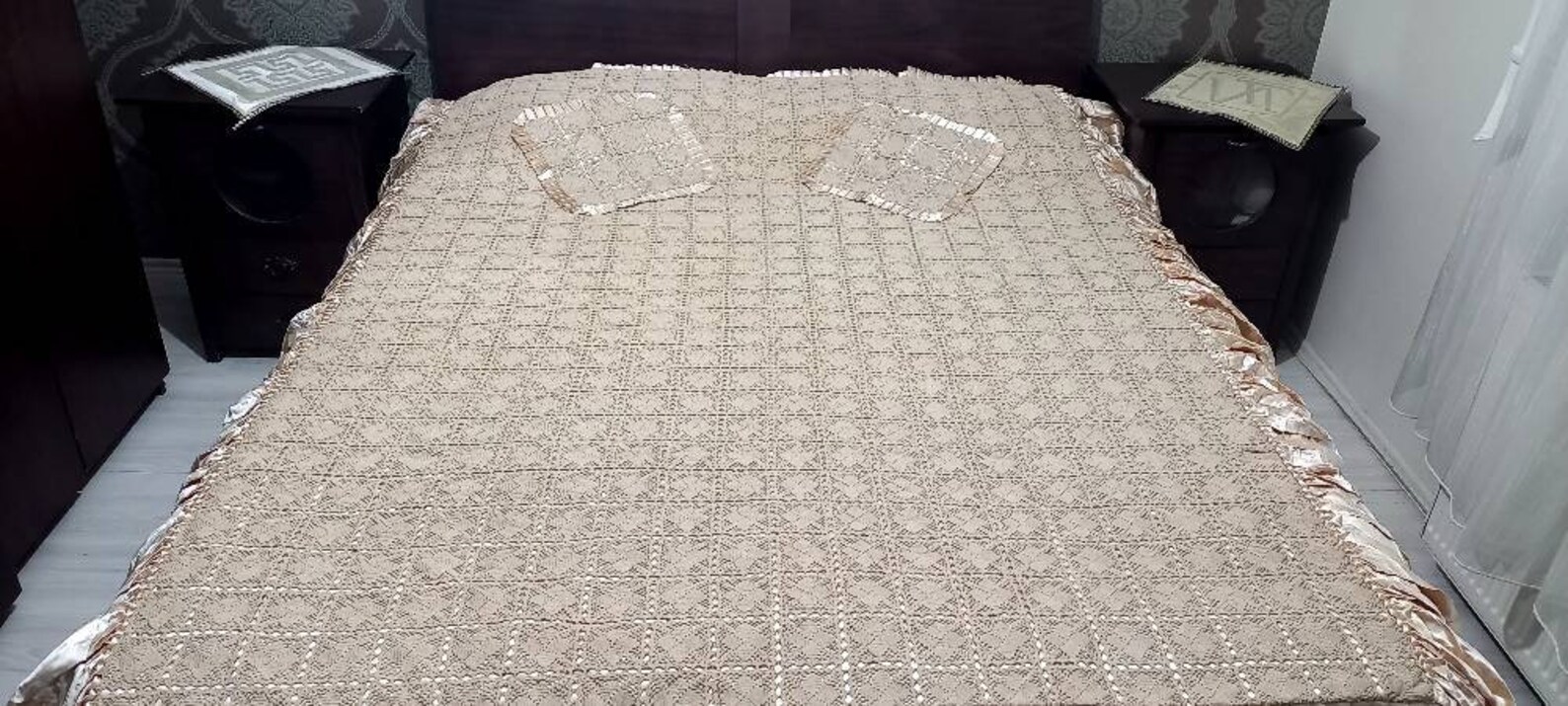 Antique Lace Bedspread, Antique French Knitted Bedspread, Turkish Dowry