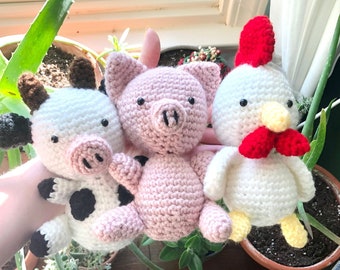 Cow Pig Rooster Farm Animal Crochet PDF Pattern Bundle | Cute Amigurumi Chicken Animal Doll Plush Toy Easy Beginner Instructions Pack