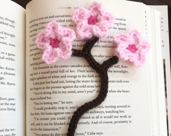 Cherry Blossom Branch Bookmark Crochet PDF Pattern | Easy Beginner Simple Pink Flower with Brown Stem and Green Leaf Project Cute Yarn Craft