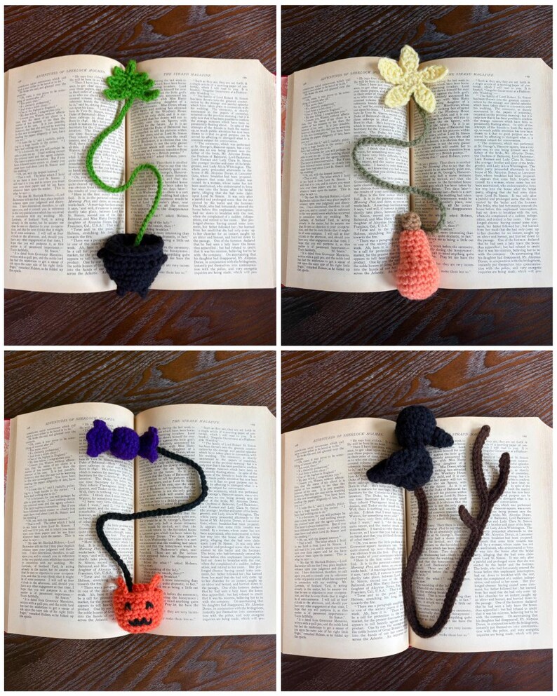 May include: Four handmade crochet bookmarks displayed in an open book. The bookmarks feature various designs: a green plant in a black pot, a yellow flower with a peach-colored object, a purple bow with an orange devil, and a black bird on a brown branch.