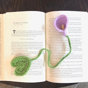 May include: A close-up of a book with a crocheted bookmark in the shape of a green heart and a purple calla lily. The book is open to a page with the title "The Magician's Umbrella" and the text "Closed Due to Inclement Weather".