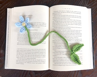 Forget Me Not Flower Bookmark Crochet PDF Pattern | Beginner Easy Floral Crochet Tutorial with Stem and Leaf Craft Gift Idea Book Lovers