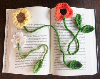 Sunflower Poppy and Cosmos Flower Bookmark Crochet PDF Pattern Bundle | Beginner Easy Tutorial Instructions Fall Flowers with Stem + Leaf