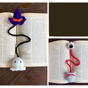 May include: Crocheted Halloween-themed bookmarks. One features a purple witch hat with orange trim, a black stem, and a white ghost. The other has a red stem, a white eye, and a gray pot with a red bow. Both are placed in an open book.