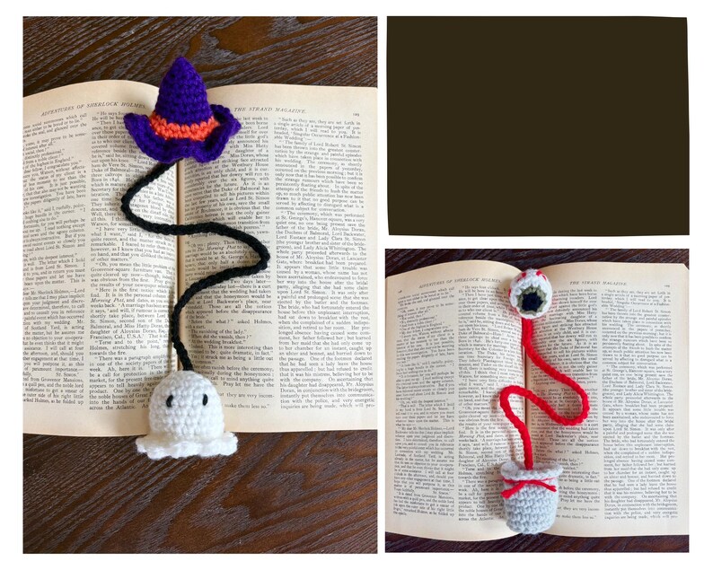 May include: Crocheted Halloween-themed bookmarks. One features a purple witch hat with orange trim, a black stem, and a white ghost. The other has a red stem, a white eye, and a gray pot with a red bow. Both are placed in an open book.