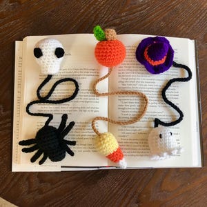 Halloween Crochet Bookmark PDF Pattern Bundle | with Ghost and Witch Hat, Pumpkin and Candy Corn, and Spider and Skull Instructions