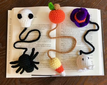 Halloween Crochet Bookmark PDF Pattern Bundle: Ghost/Witch Hat, Pumpkin/Candy Corn, Spider/Skull
