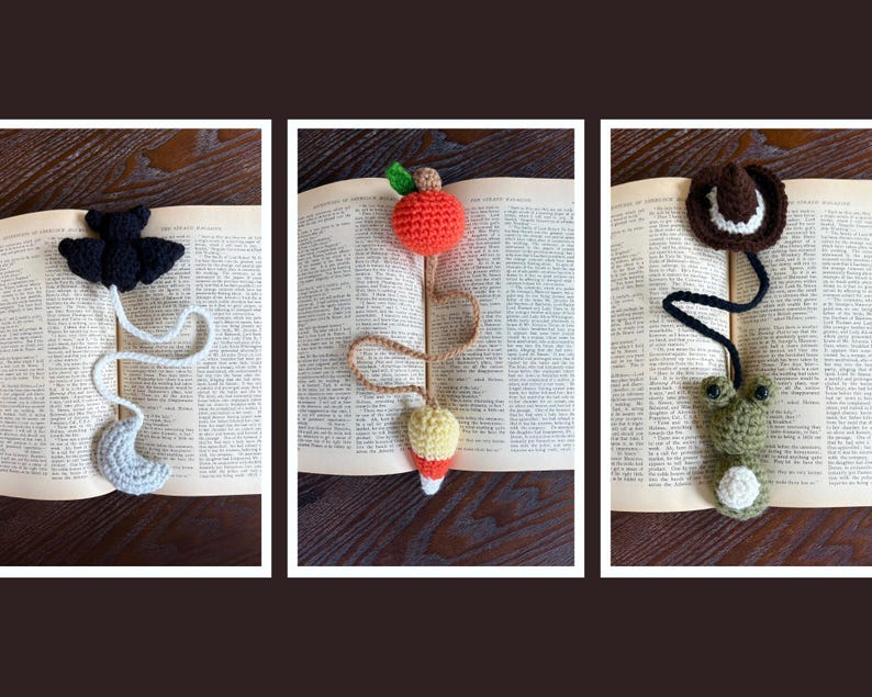 May include: Three handmade crochet bookmarks. One features a black bat and gray crescent moon. Another has a red apple and a yellow and white pear. The third has a brown cowboy hat and a green frog.