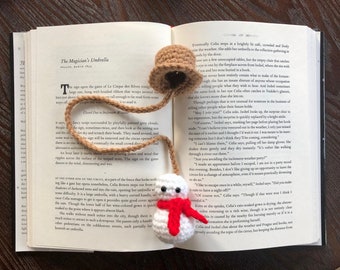 Patrón PDF de marcapáginas navideño de crochet de muñeco de nieve y gorro