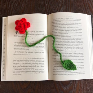 Rose Bookmark Crochet PDF Pattern | Red Flower with Stem and Leaf Intermediate Crochet Tutorial / Instructions |  Spring Summer Crafts Idea