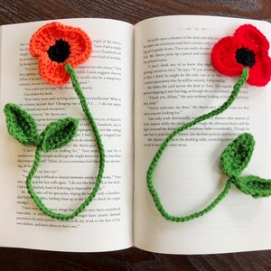 Poppy Bookmark Crochet PDF Pattern | Beginner Simple Easy Crochet Tutorial | Spring Orange and Red Flower with Stem / Leaf Craft Gift Idea