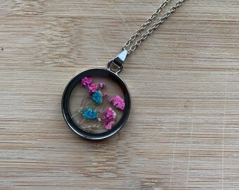 Pressed Flower Necklace, Pink and Blue Dried Flower Necklace, Bubblegum, Dainty Flower Charm Necklace, Dried Flower Charm Necklace, Silver