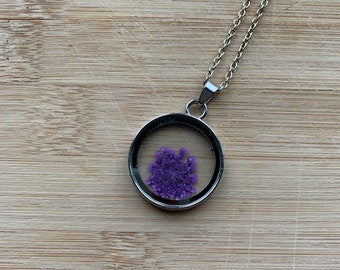 Pressed Flower Necklace, Purple Dried Flower Necklace, Dainty Flower Charm Necklace, Dried Flower Charm Necklace, Silver