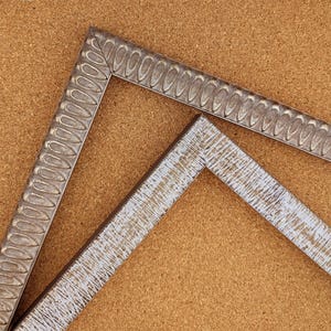 Cork Board Framed to hang on wall. Decorative Pewter and Gray washed cross hatch, 11.5x14.5 14.5x20.5 20.5x26.5" custom sizes up to 20x26