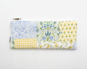 Small Quilted Zipper Pouch / Pencil Pouch / Sunglass Case || Yellow and Green Patchwork