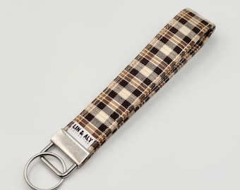 Fabric Wristlet Keychain || Brown Plaid