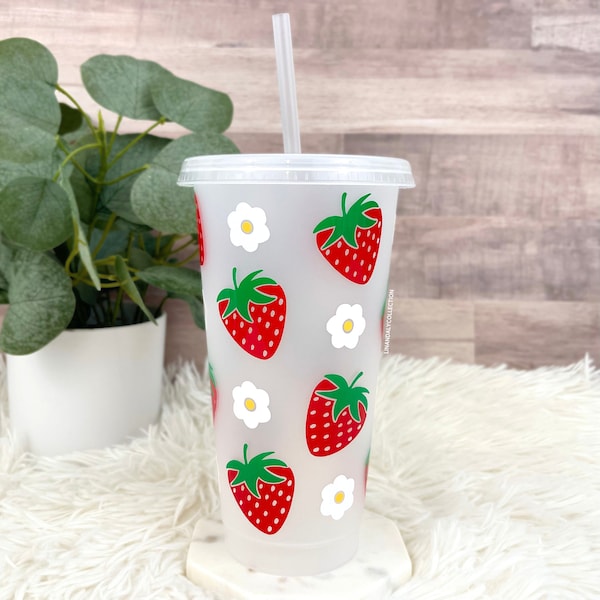 Strawberry Cold Cup, 24oz Plastic Cup, Reusable Cold Cup with Straw, Frosted Cup