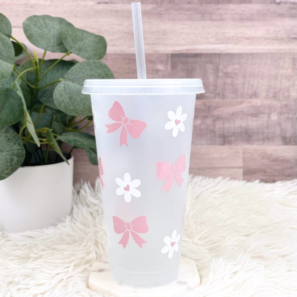 Pink Bow Cold Cup, 24oz Plastic Cup, Reusable Cold Cup with Straw, Coquette Frosted Cup