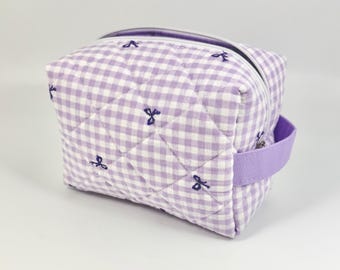 Bolsa de cosméticos acolchada con diseño cuadrado // Cuadros vichy morados y lazos