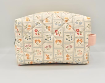 Quilted Boxy Pouch, Cosmetic Bag || Floral Postage Stamps
