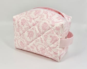 Bolsa de cosméticos acolchada tipo caja // Toile de Jouy rosa