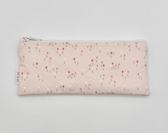 Small Quilted Zipper Pouch / Pencil Pouch / Sunglass Case || Pink Tiny Tulips