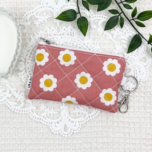 Coral Daisy Mini Pouch || Coin Purse, Mini Pouch, Card Holder, Wallet Keychain, Quilted Zipper Pouch