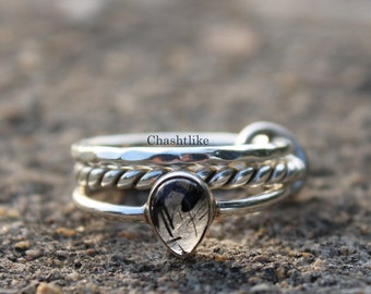 Black Rutile Quartz Sterling Silver Ring Set - Handmade Stacking Rings
