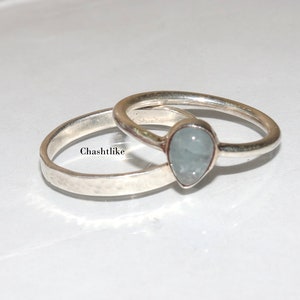 Natural Aquamarine Stone Ring - 925 Silver aquamarine Ring Set - March Birthstone Ring - Hammered ring - Handmade Jewelry - Gift to her