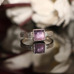 Purple Amethyst Cabochon Ring: Hammered 925 Silver, February Birthstone