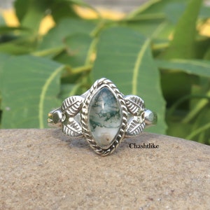 Marquise Moss Agate Ring: Handmade 925 Sterling Silver Bezel