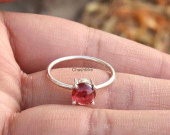 Red Garnet Ring - 925 Silver Garnet Ring - Garnet Prong Ring - Handmade Garnet Cabochon jewelry - January Birthstone Ring - Gift to Her